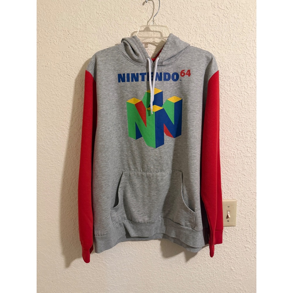 Nintendo 64 Hoodie Mens XXL Gray Red Colorblock Graphic Sweatshirt Retro Gaming‎